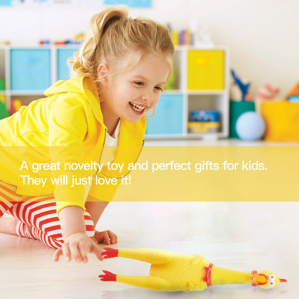 Novelty Place 16-inch chicken toy in use, bright yellow finish for fun moments.