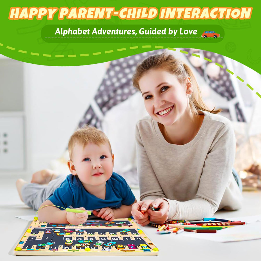 NOWRICH Child playing letters maze demonstrates problem solving and imaginative play.