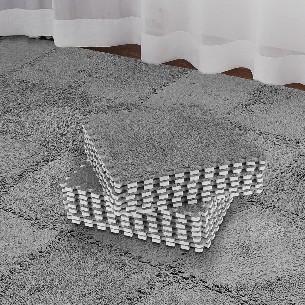 Nuanchu plush foam interlocking floor mat grey tiles arranged for play space