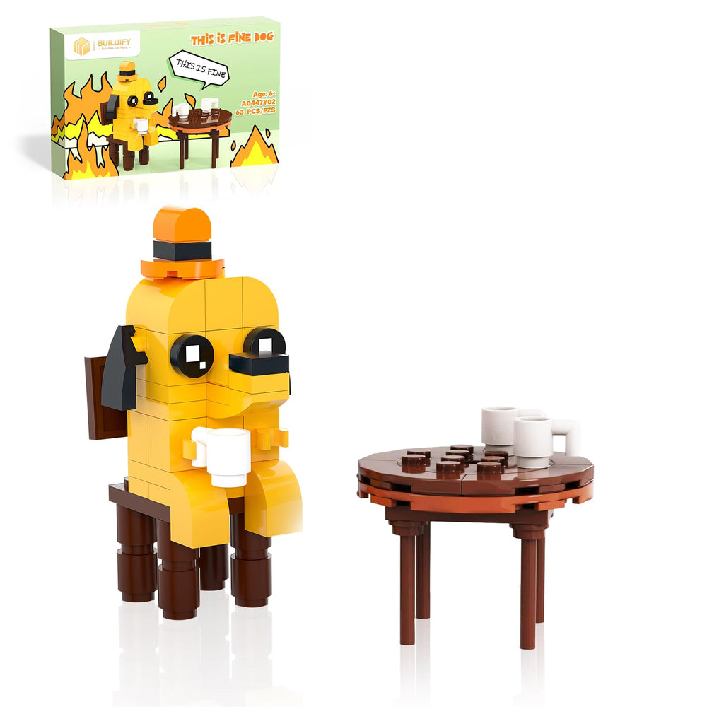 Nubee This is Fine dog building set shows a yellow dog on a chair enjoying coffee amid chaos