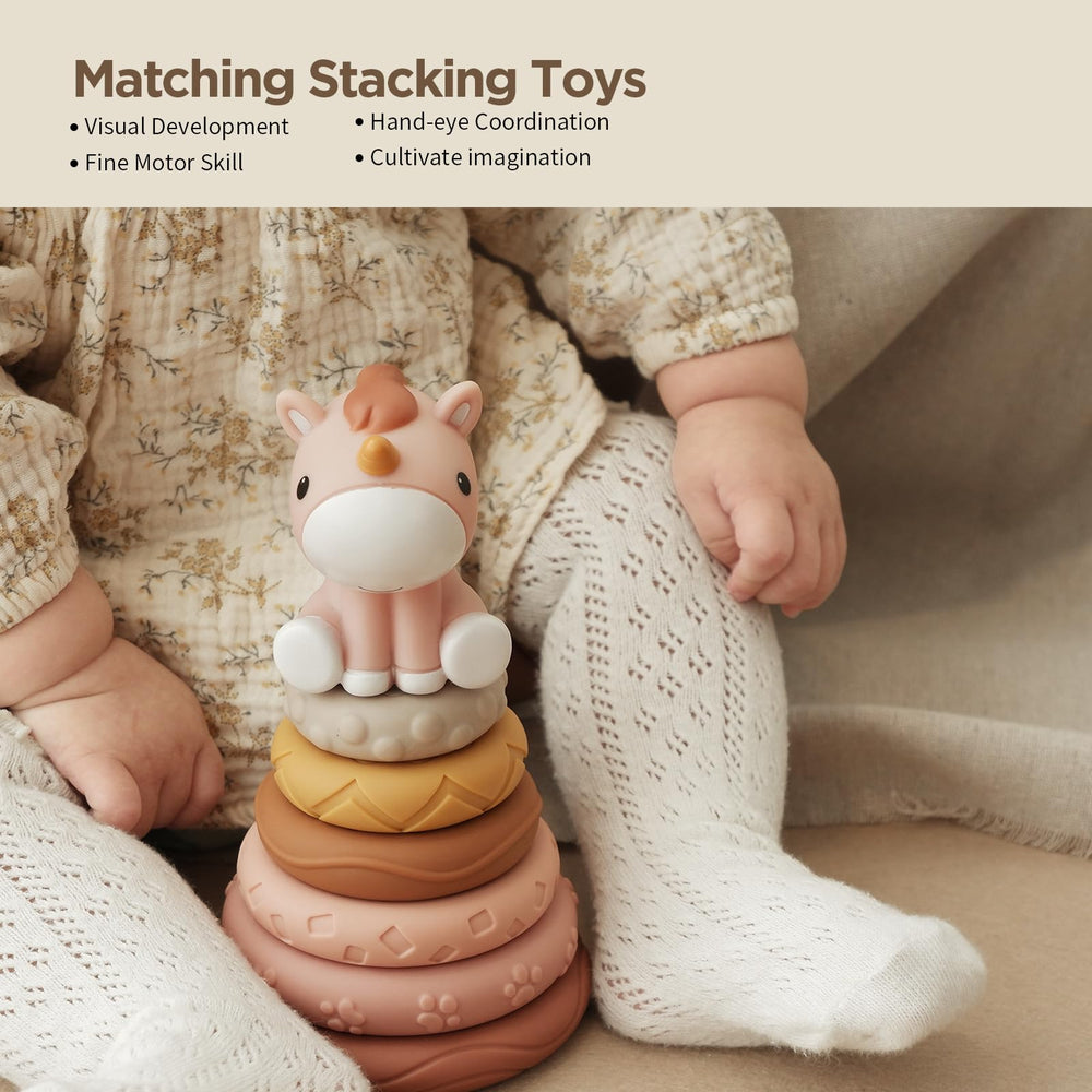 Nueplay Stacking Rings with paw shapes texture invite curious touch and cause and effect