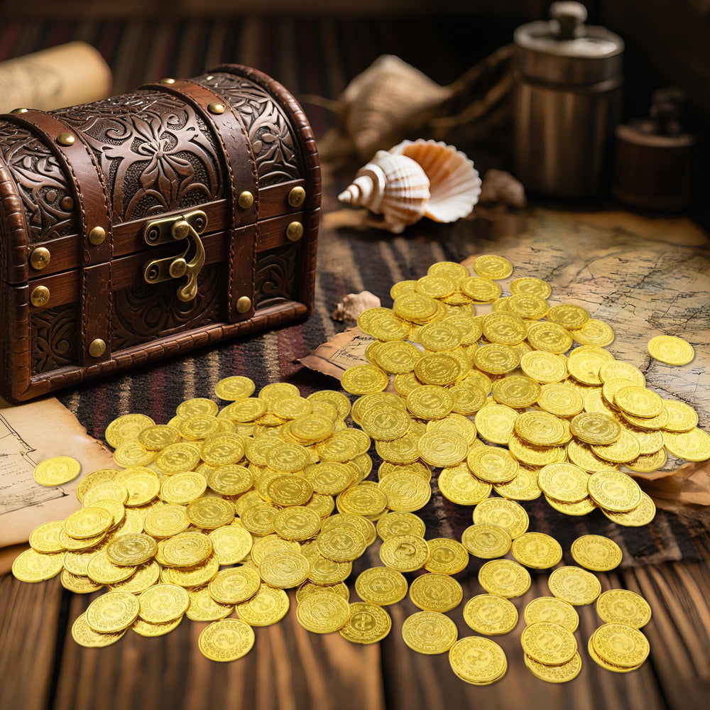 Nuesaurd coins stacked as pirate-themed centerpieces and decor moments