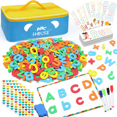 Nuesaurd magnetic letters kit on fridge for interactive spelling.