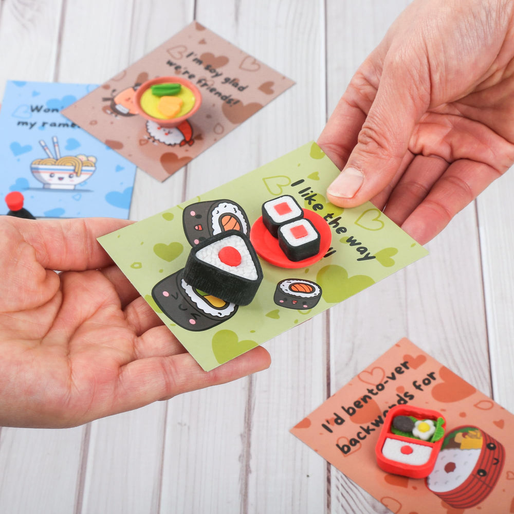 NUJOVI sushi eraser card set, matching cards for friend-to-friend gifting.