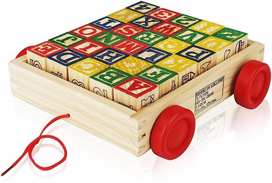 Number 1 in Gadgets wooden ABC blocks with pull wagon for easy cleanup