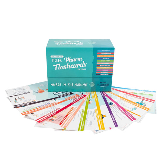 Nurse In The Making pharmacology flashcards front cover with 150 medications for NCLEX prep.