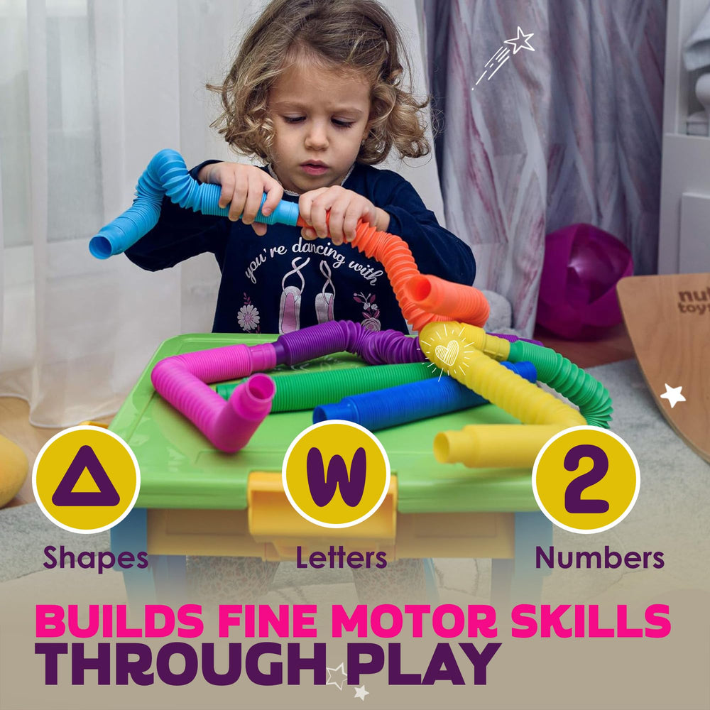 Nutty Toys Pop Tubes: durable BPA-free plastic withstands fidgeting and bending.