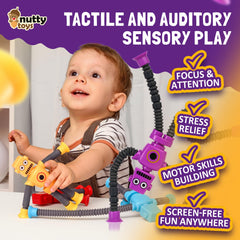Nutty Toys textured pop tubes arms deliver satisfying pops during busy hands tasks.
