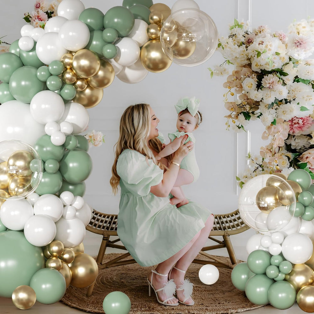 NuttyBash sage green arch kit color palette with green, white, and gold tones