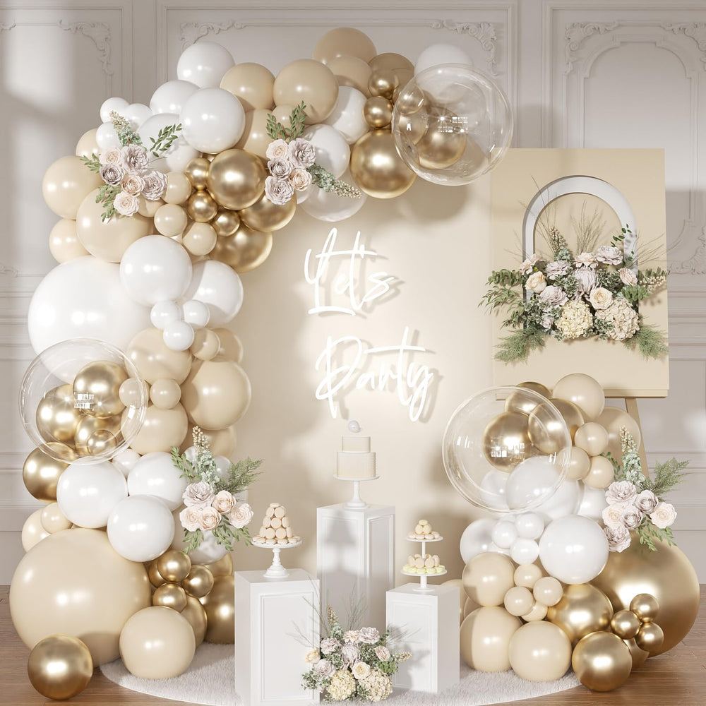 NUTTYBASH white-gold balloon arch kit packaging for an easy wedding backdrop