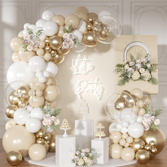 NUTTYBASH white-gold balloon arch kit packaging for an easy wedding backdrop