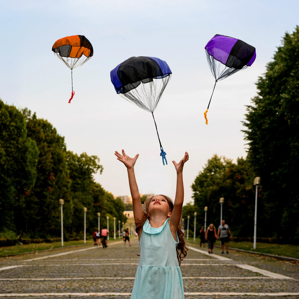 Nutty Toys BPA-free parachute men for safe outdoor fun.