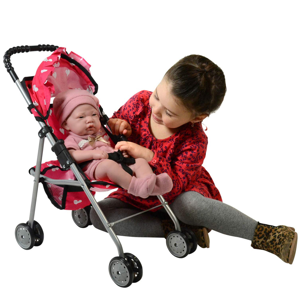 The New York Doll Collection durable doll stroller with double wheels stays steady