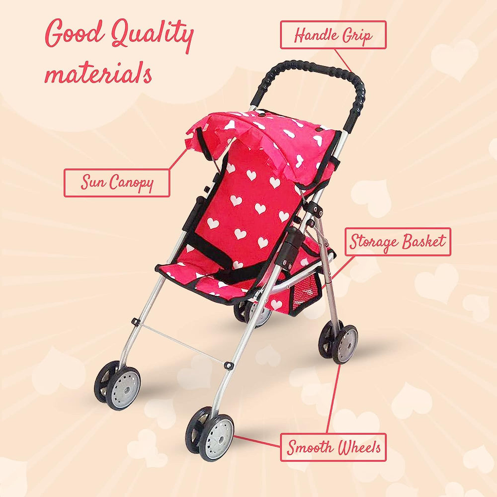 The New York Doll Collection pink heart stroller seatbelt keeps dolls secure
