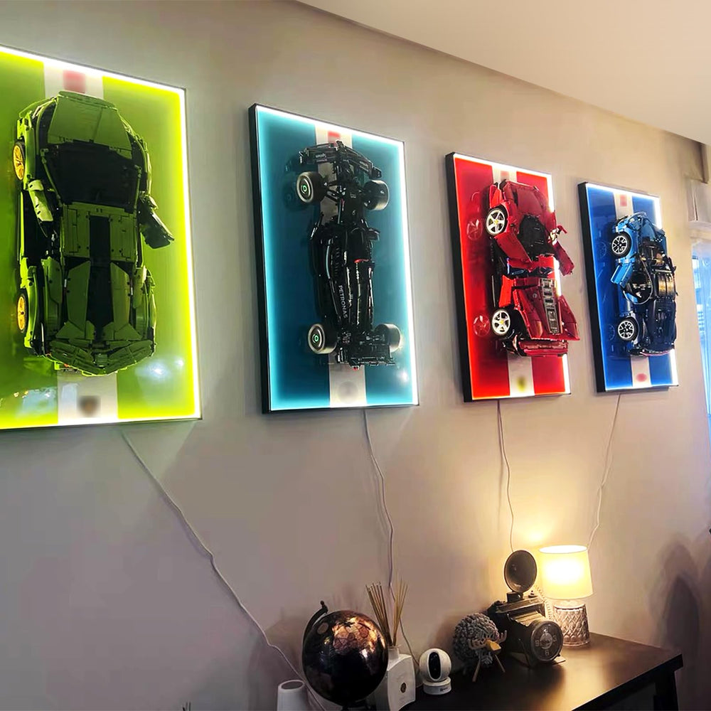 NyTfxkeJ LED-lit frame creates a dramatic LEGO display at home or in the office.