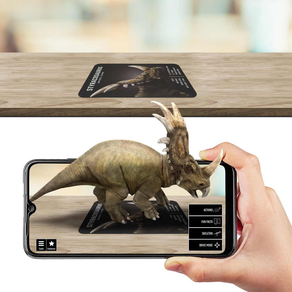 Human beside a Brachiosaurus in AR via Octagon Studio 4D+ flashcards