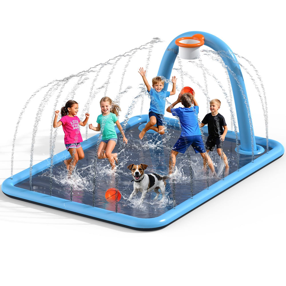 Octaplay splash pad with basketball hoop for kids and dogs, ideal for cooling play outdoors