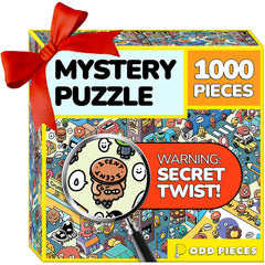 Odd Pieces puzzle box front showing the storytelling twist for curious puzzlers.