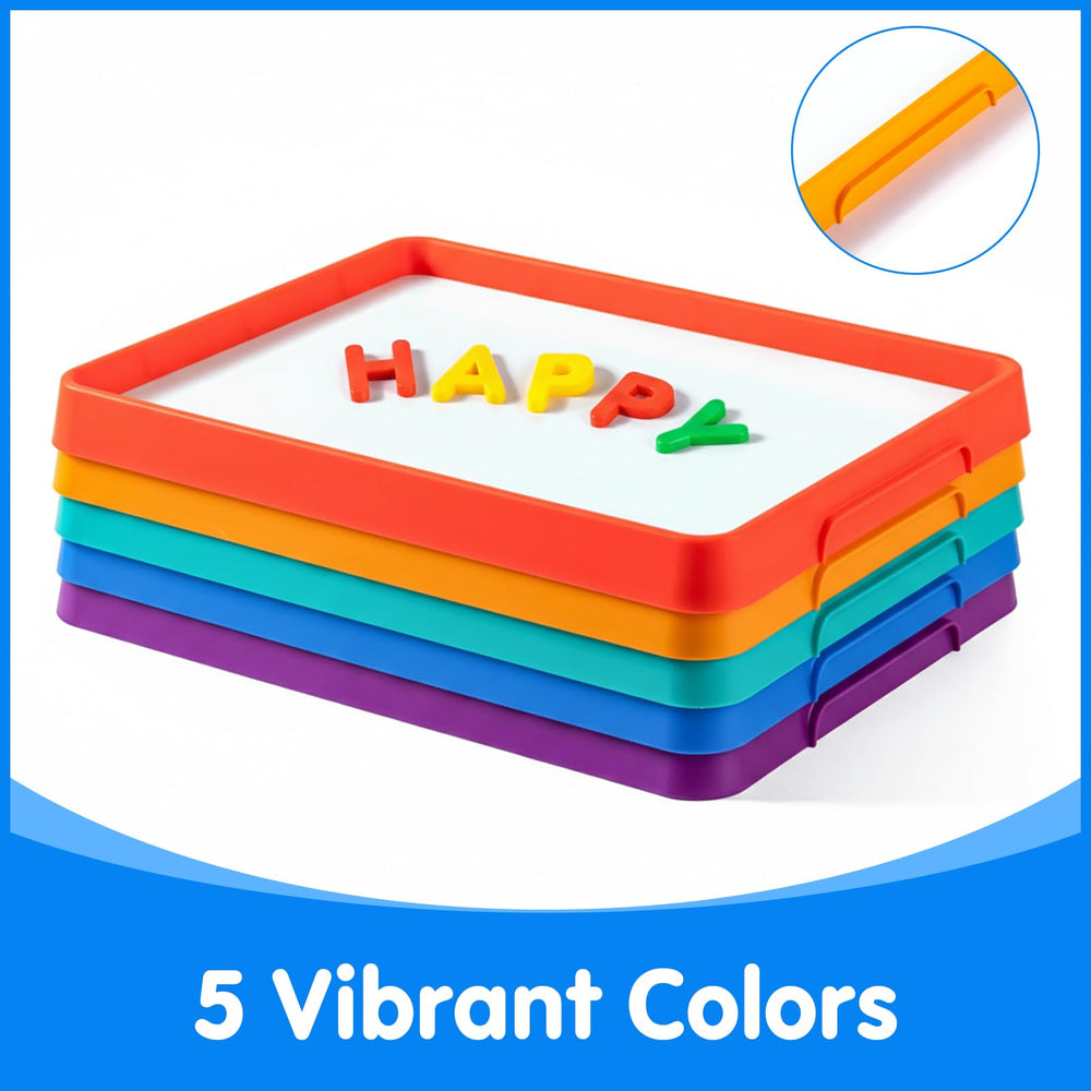 Odoorgames magnetic tray with kid-friendly handle enables easy transport for at-home learning.
