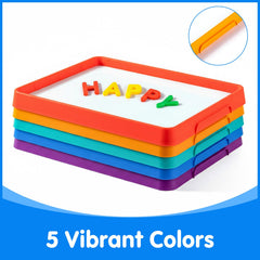 Odoorgames magnetic tray with kid-friendly handle enables easy transport for at-home learning.