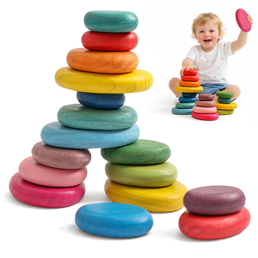OESSUF Extra-Large Stacking Rocks unboxed, jumbo wooden pieces perfect for toddlers' open-ended play.