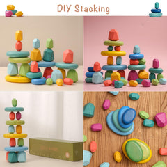 OESSUF Stacking Rocks kids playing together to form diverse shapes