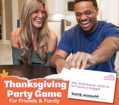 OFF TOPIC Friendsgiving card pile with comedian punch lines for big laughs.