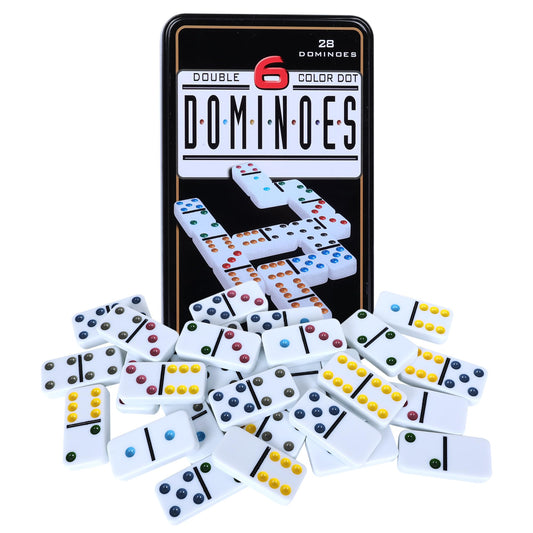 Offelec Double Six dominoes set with tin storage for easy travel and organization.