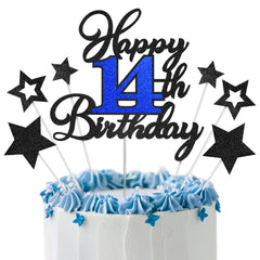 OffiCreative 14th birthday cake topper in black blue glitter creates a striking focal point.