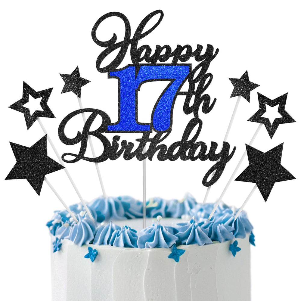 OffiCreative 17th Birthday Topper in black and blue adds sparkle to any cake.