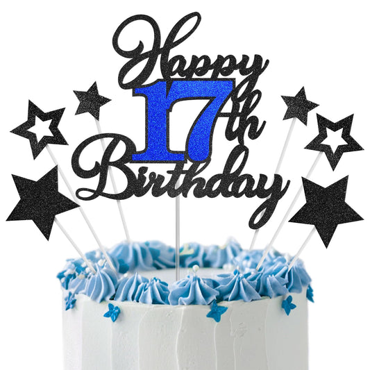 OffiCreative 17th Birthday Topper in black and blue adds sparkle to any cake.