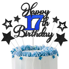 OffiCreative 17th Birthday Topper in black and blue adds sparkle to any cake.