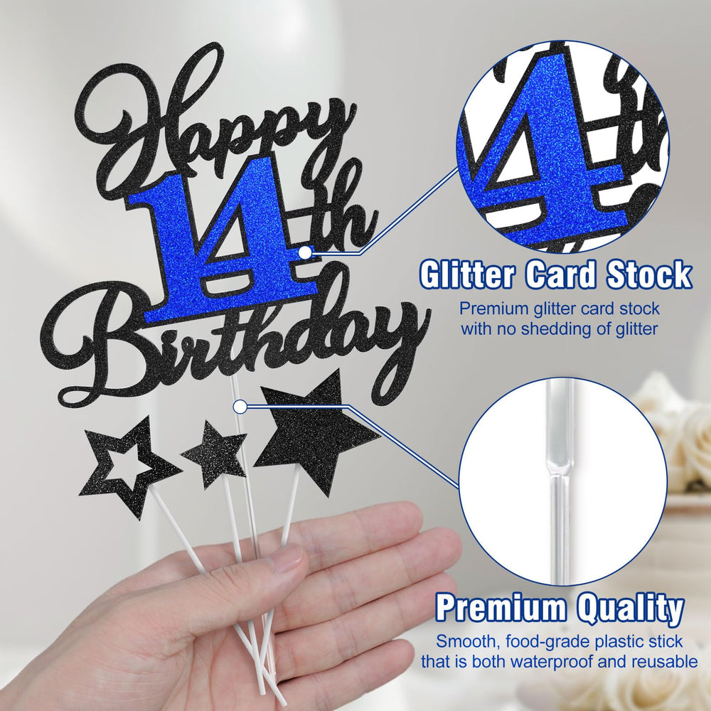 OffiCreative happy 14th birthday topper with glitter finish adds festive sparkle.