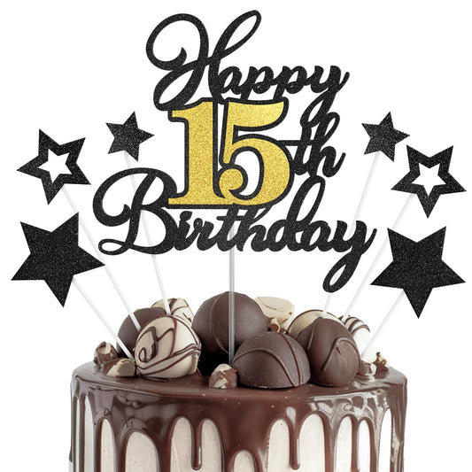 OffiCreative Happy 15th Birthday topper on a cake with glittery focal point