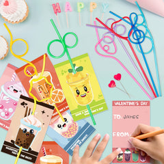 Colorful looped straws attached to Officygnet cards for kids' party fun.