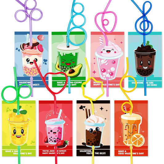 Officygnet valentines cards with eight designs and attached reusable straws for classroom gifts.