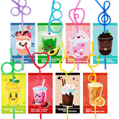 Officygnet valentines cards with eight designs and attached reusable straws for classroom gifts.