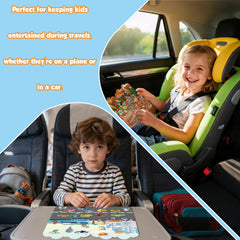 OHOME travel-sized sticker book shown beside packing for on-the-go play