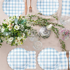Oigco summer BBQ dining setup with light blue disposable dinnerware.