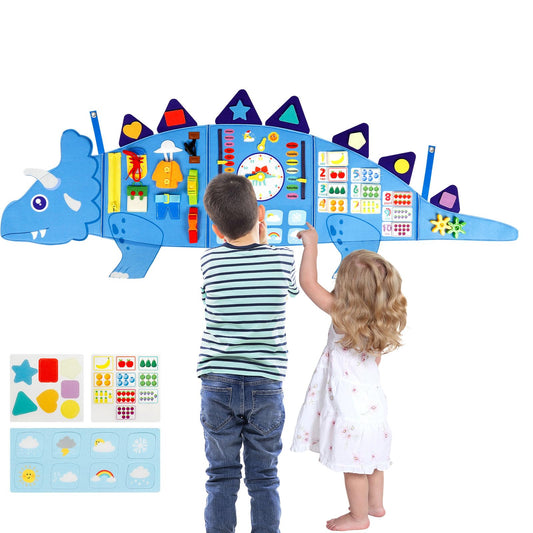 Oirtmiu Dinosaur sensory wall setup showing engaging activities to boost fine motor skills.