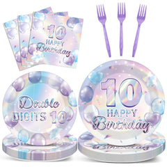Oitnlaughter iridescent 9in plates brighten the 10th birthday dessert table and hold treats.