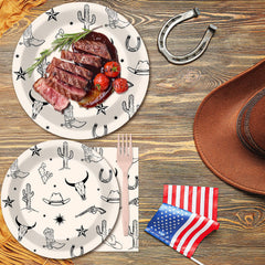 Oitnlaughter wild west patterns—cowboy hat and cactus motifs to elevate party decor.