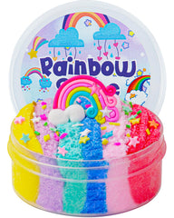 Okaybee Rainbow Cloud Slime jar shows soft, drizzle texture for calming sensory play.