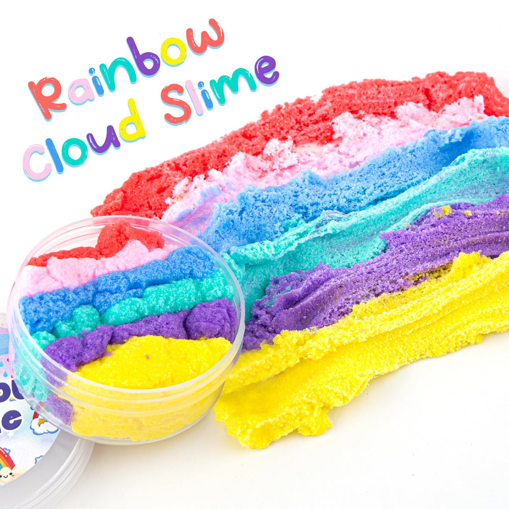 Okaybee Rainbow Cloud Slime texture closeup highlights feathery drizzle ideal for focus sessions.