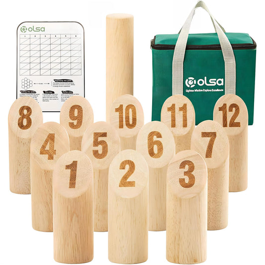 OLSA wooden throwing game pins ready for backyard play and family fun.