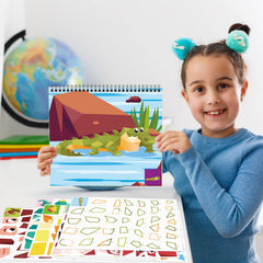 Omgouue dinosaur sticker pages spread—easy, mess-free quiet-time craft.