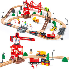 OMYbaby 86pcs wooden train set with crane offers interactive crane play and precision movement.