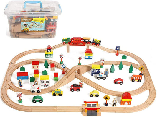 On Track USA train set 100-piece with wooden tracks ideal for imaginative play.