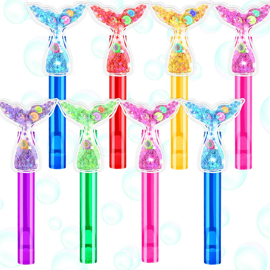 ONBKYGF Mermaid Tail Bubble Wands with glitter burst for party favors.