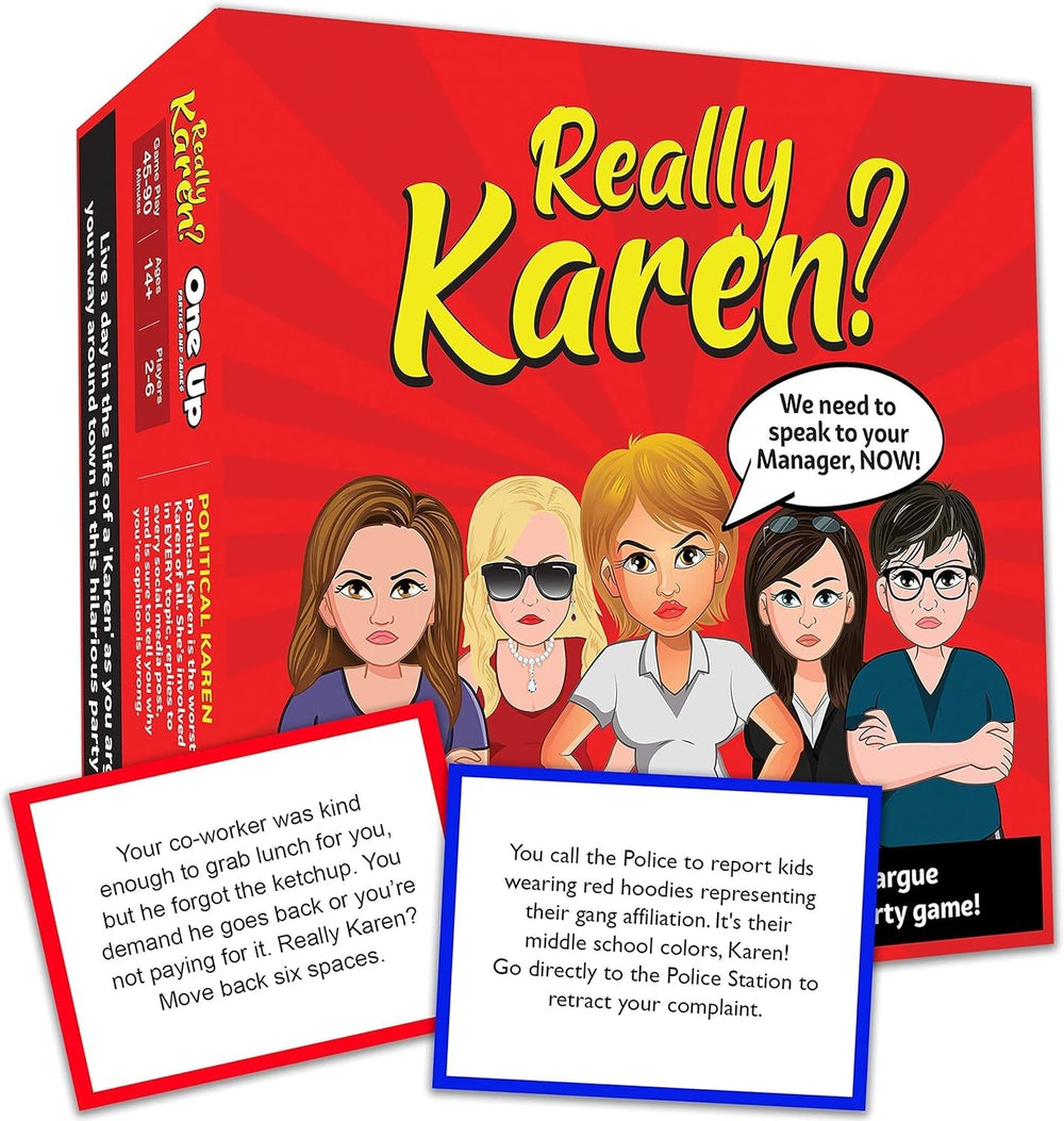 One Up Parties Really Karen board game box front, vibrant and inviting for a fun night